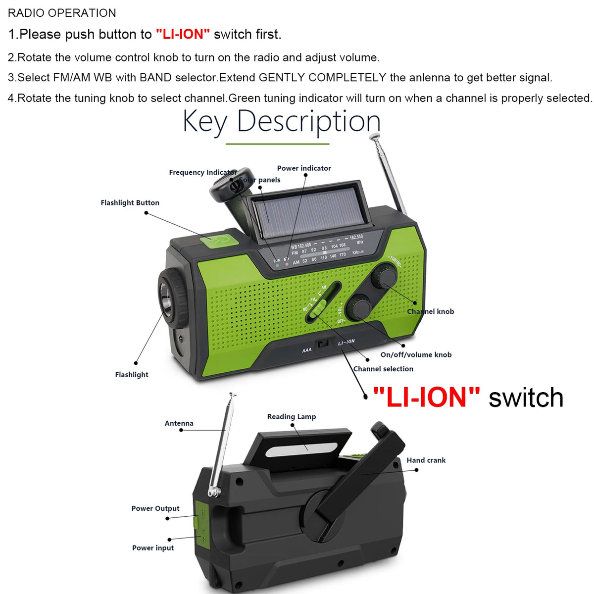 Portable Hand Crank Radio, Emergency Weather Radio Solar Powered,AM/FM, SOS Alarm, LED Reading Lamp, Flashlight,2000 mAh Battery