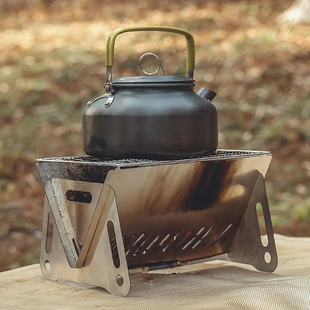 Camping Wood Burning Stove with Grill Plate Outdoor Portable Folding Stainless Steel Backpacking Cooking Stove