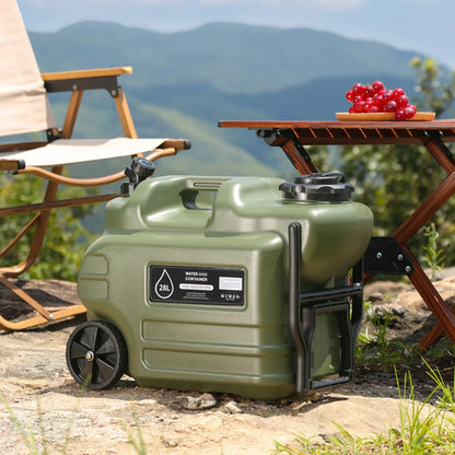 28L Water Storage Containers with Spigot Camping Water Jug with Wheels & Folding Handle Portable Emergency Water Tank for Hiking