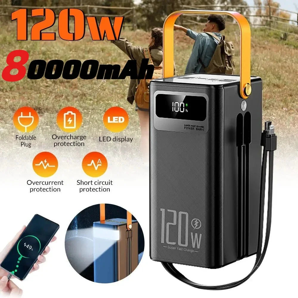 Portable Power Bank 120W 50000mAH Super Fast Charger Large Capacity External Battery Supports Simultaneous Charging of 7 Devices