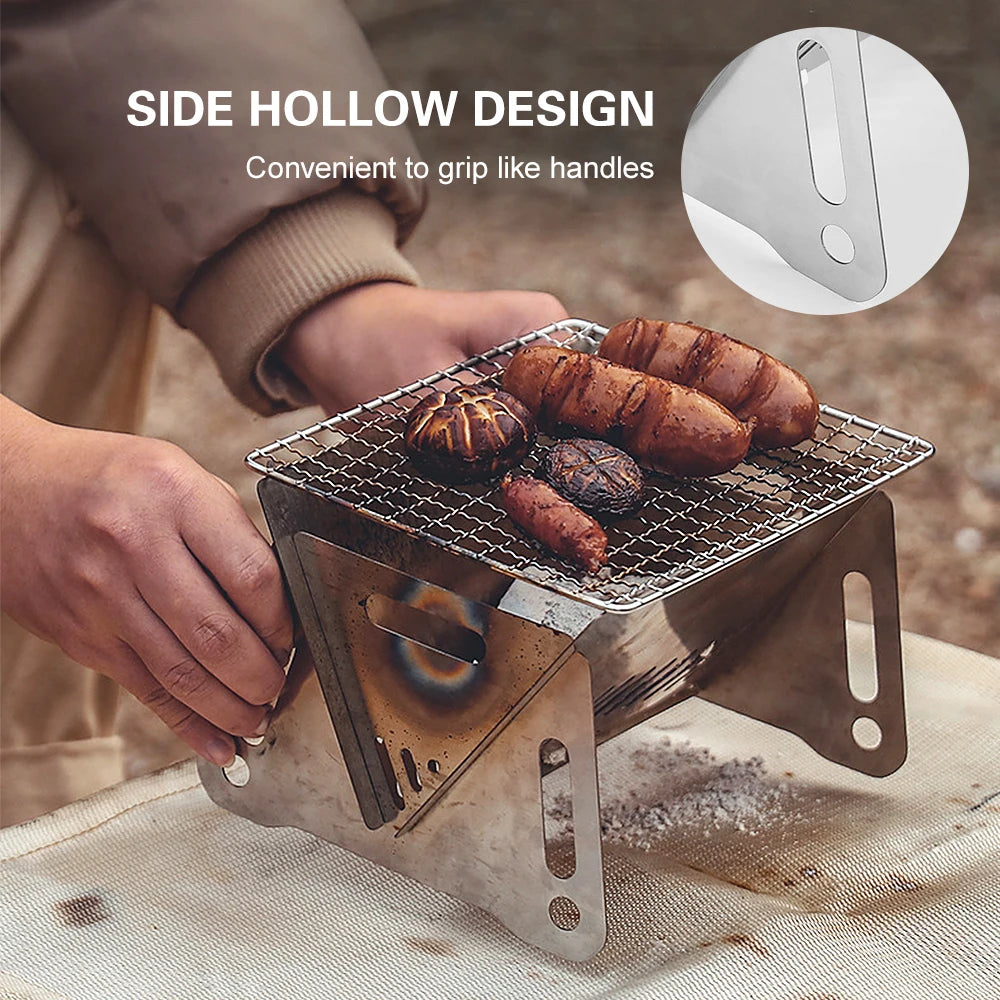 Camping Wood Burning Stove with Grill Plate Outdoor Portable Folding Stainless Steel Backpacking Cooking Stove