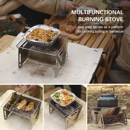 Camping Wood Burning Stove with Grill Plate Outdoor Portable Folding Stainless Steel Backpacking Cooking Stove