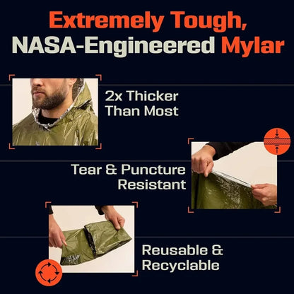 Emergency Poncho - Waterproof Raincoat With Cold Insulation & Survival Blanket, Disposable Reusable for Camping/Hiking