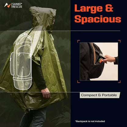 Emergency Poncho - Waterproof Raincoat With Cold Insulation & Survival Blanket, Disposable Reusable for Camping/Hiking