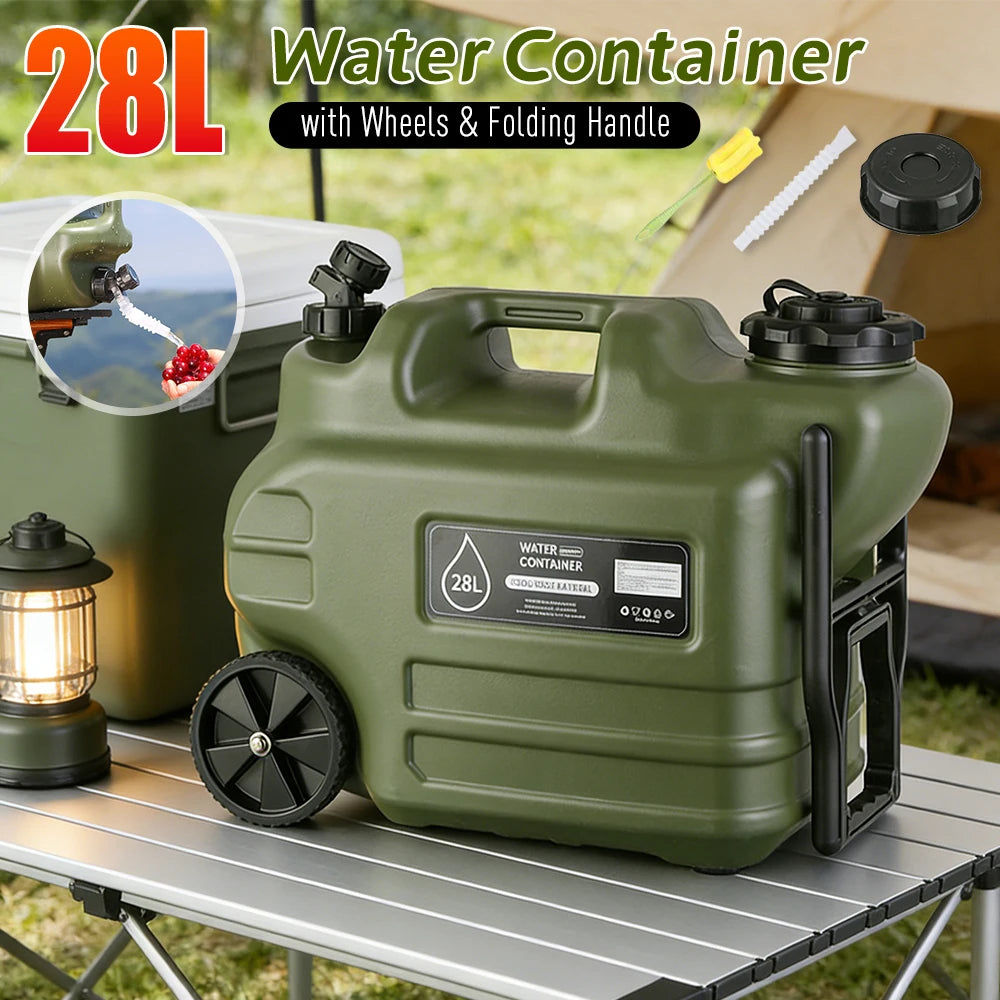28L Water Storage Containers with Spigot Camping Water Jug with Wheels & Folding Handle Portable Emergency Water Tank for Hiking