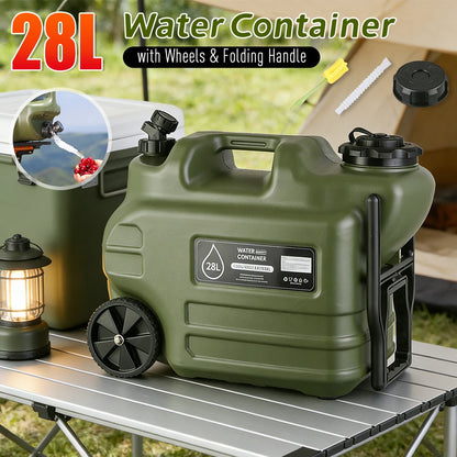 28L Water Storage Containers with Spigot Camping Water Jug with Wheels & Folding Handle Portable Emergency Water Tank for Hiking
