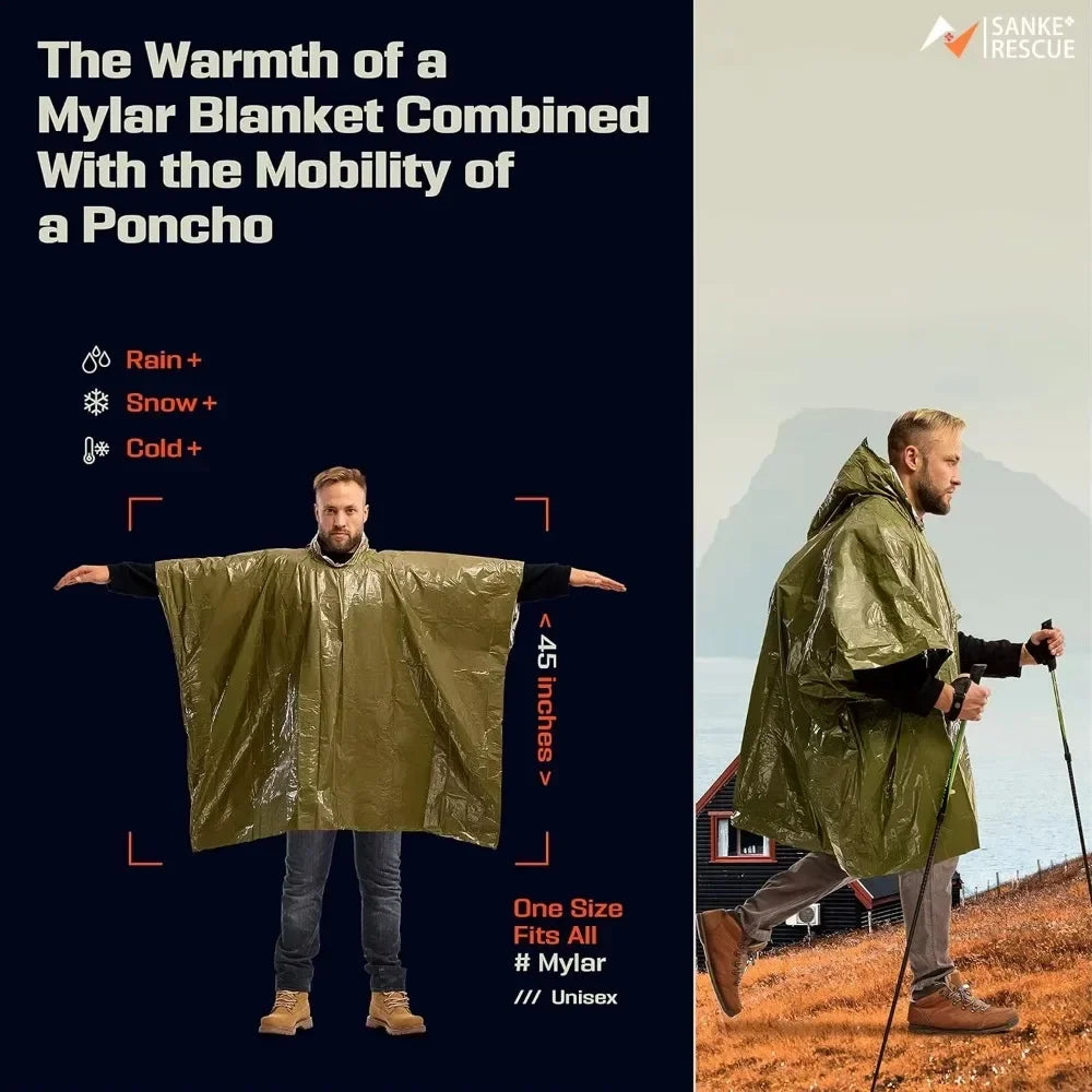 Emergency Poncho - Waterproof Raincoat With Cold Insulation & Survival Blanket, Disposable Reusable for Camping/Hiking