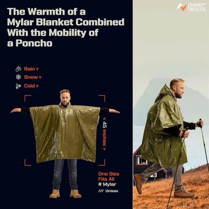 Emergency Poncho - Waterproof Raincoat With Cold Insulation & Survival Blanket, Disposable Reusable for Camping/Hiking
