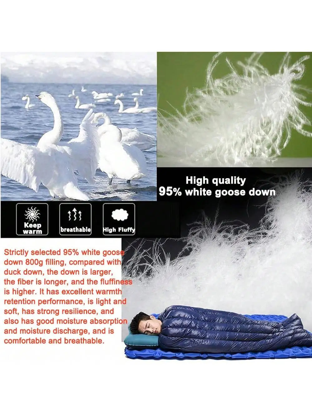Outdoor Camping, Down Sleeping Bag, Ultralight and Warm, 95% White Goose Down 800g Filling, Envelope Type, Adult Sleeping Bag