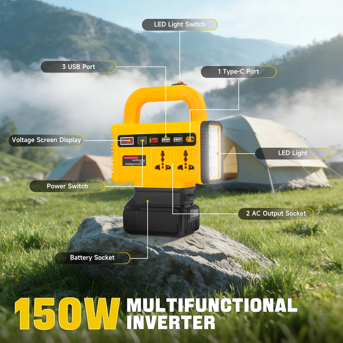 150W Portable Power Inverter for Dewalt 20V Battery DC 20V to AC 110V 220V Converter Power Station Outdoor Camping Emergency Use